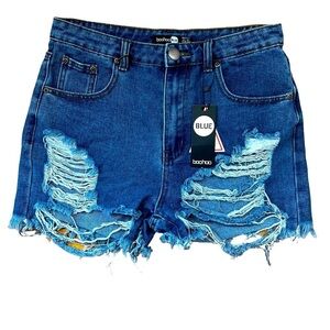 Boohoo Blue High Rise High Waist Graduated Distressed Mom Shorts